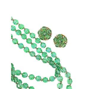 VTG Marvella Signed Green Glass Triple Strand Necklace and Matching Clip Earring